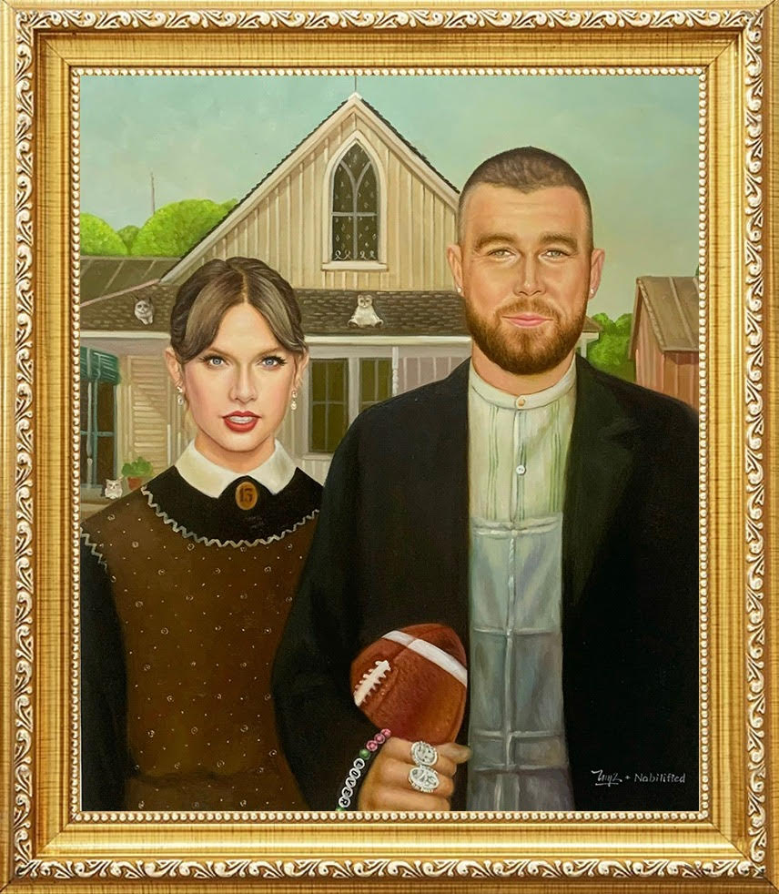 A Bathroom-Worthy Masterpiece: Nobilified Paints Taylor Swift and Travis Kelce in American Gothic Style